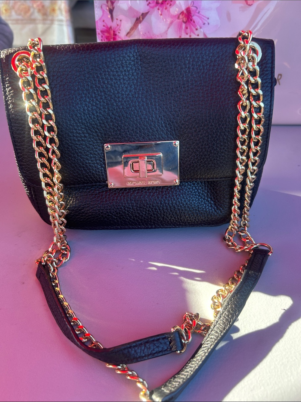 Michael Kors Black Leather Crossbody with Gold Chain